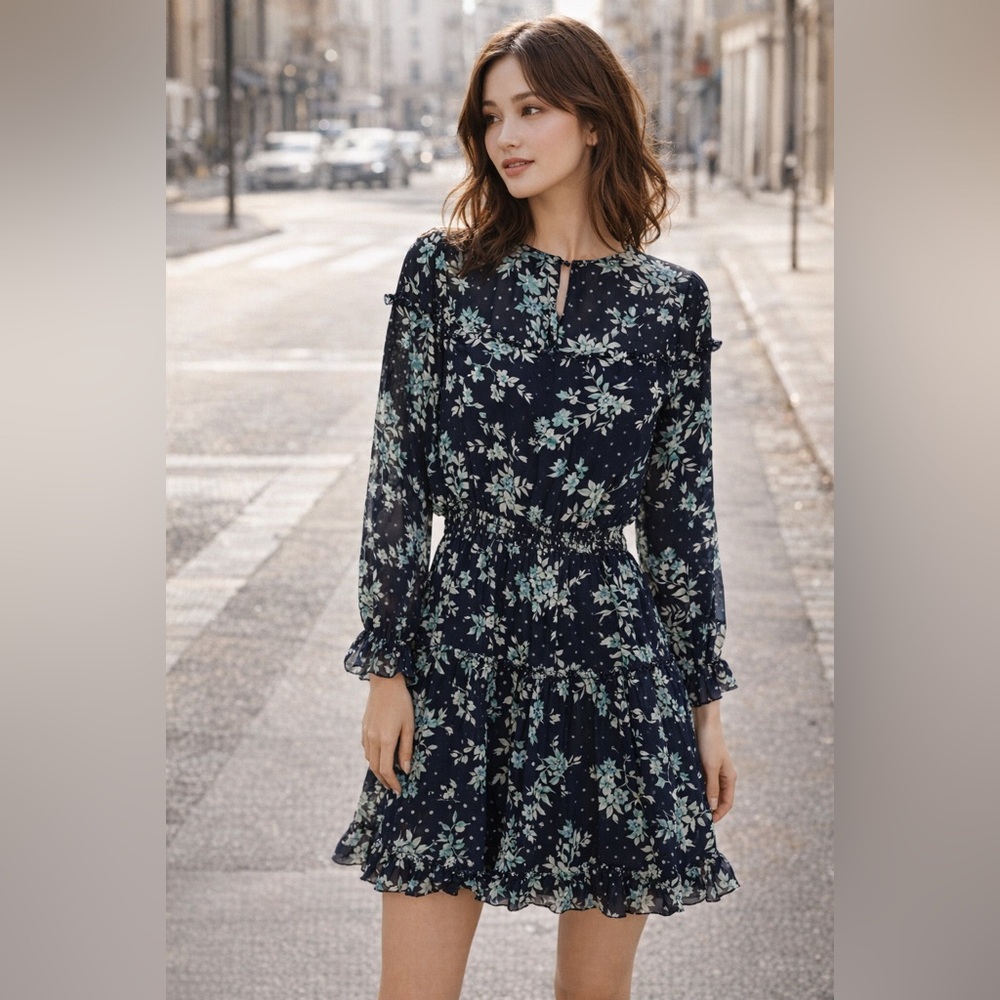 CeCe Cottagecore Blue Floral Ruffle Mini Dress M Romantic Boho Graduation